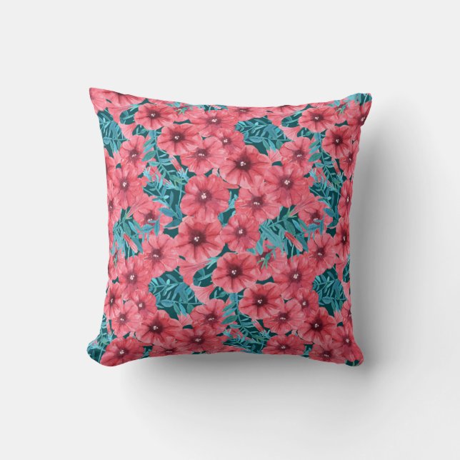 Red watercolor petunia flower pattern throw pillow (Front)