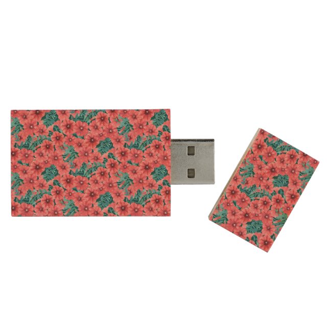 Red watercolor petunia flower pattern wood USB flash drive (Opened)