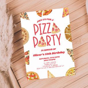 Red Watercolor Pizza Party Birthday Invitation