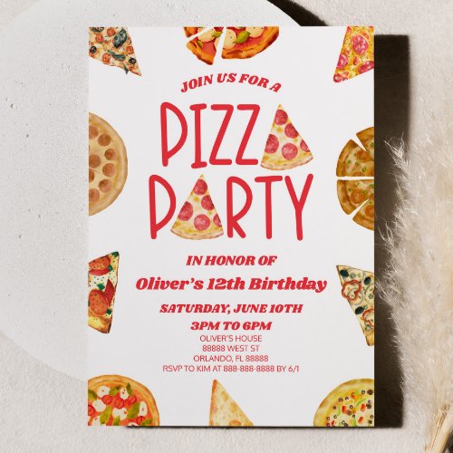 Red Watercolor Pizza Party Birthday Party Invitation