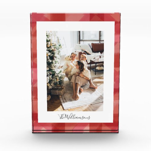 Red Watercolor Plaid Rustic Christmas Photo Block