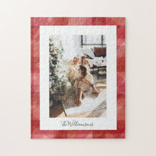 Red Watercolor Plaid Rustic Christmas Photo  Jigsaw Puzzle