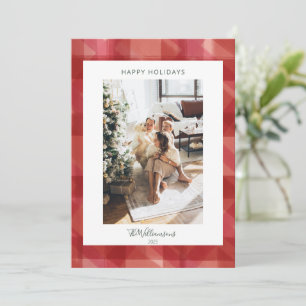Red Watercolor Plaid Rustic Photo Christmas Holiday Card