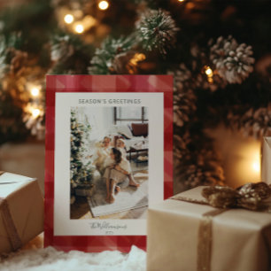 Red Watercolor Plaid Rustic Photo Seasons Greeting Holiday Card