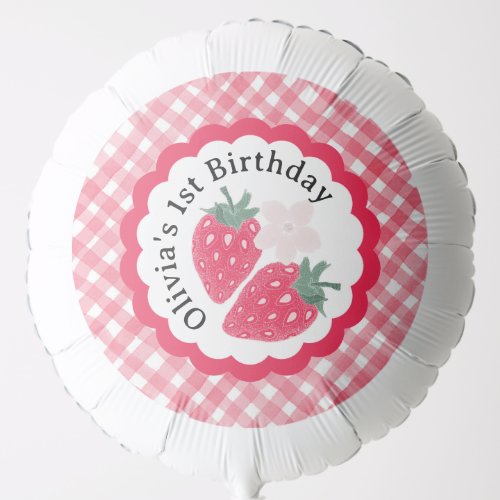Red Watercolor Plaid Strawberry 1st Birthday  Balloon