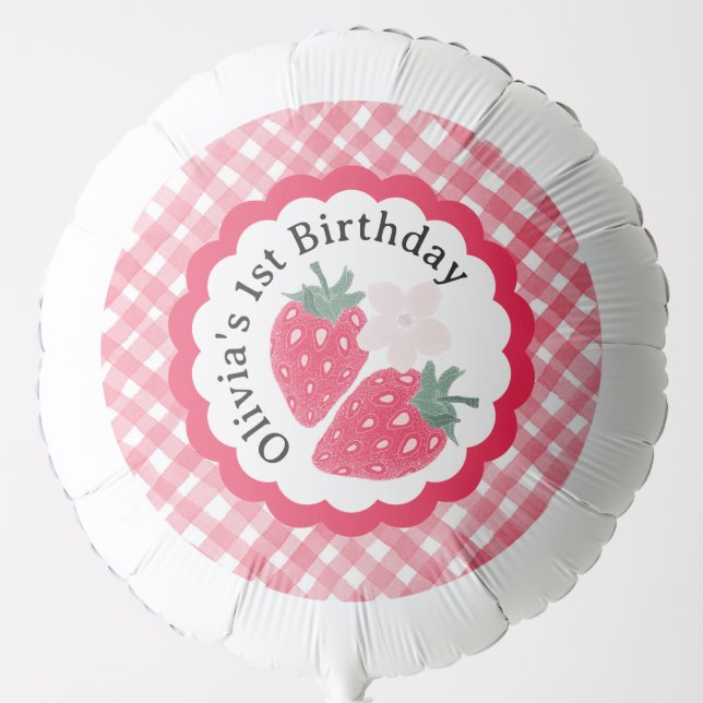 Red Watercolor Plaid Strawberry 1st Birthday  Balloon (Front)