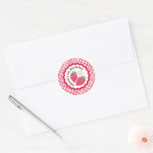 Red Watercolor Plaid  Strawberry 1st Birthday Classic Round Sticker