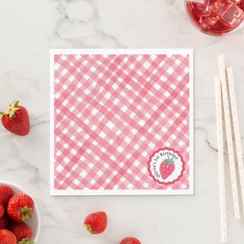 Red Watercolor Plaid Strawberry 1st Birthday Party Napkins