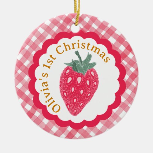 Red Watercolor Plaid Strawberry 1st Christmas Ceramic Ornament