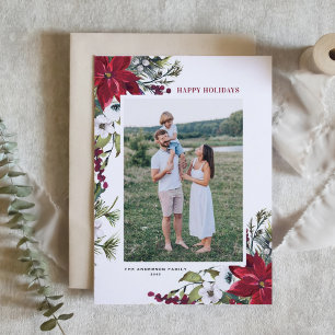 Red Watercolor Poinsettia Botanical Photo Holiday Card