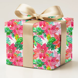 Red Watercolor Poinsettia Christmas Floral Wrapping Paper