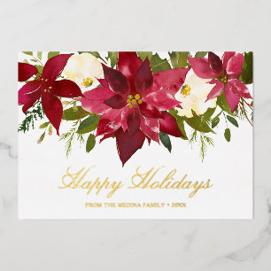 Red Watercolor Poinsettia Floral Elegant Christmas Foil Holiday Card