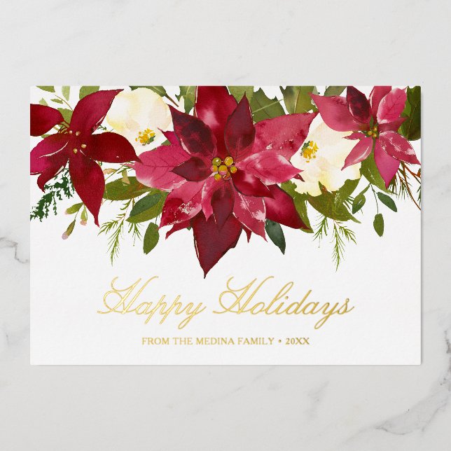 Red Watercolor Poinsettia Floral Elegant Christmas Foil Holiday Card (Front)