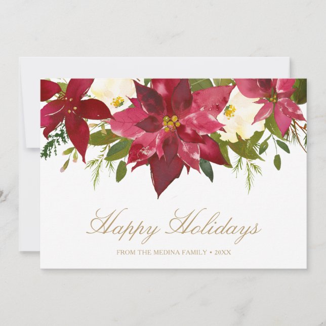 Red Watercolor Poinsettia Floral Elegant Christmas Holiday Card (Front)