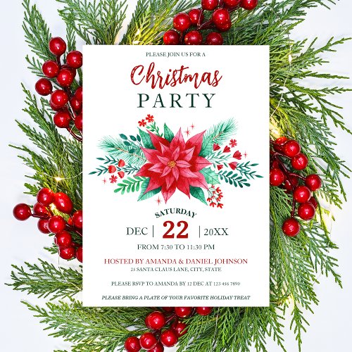 Red Watercolor Poinsettia Flowers Christmas Party Invitation