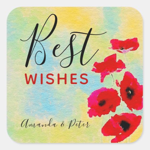 Red Watercolor Poppies Best Wishes Square Sticker