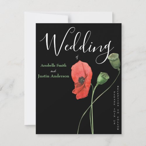 Red Watercolor Poppies Black Wedding Invitation