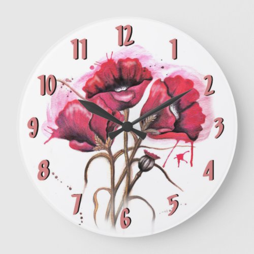 Red Watercolor Poppies Clock