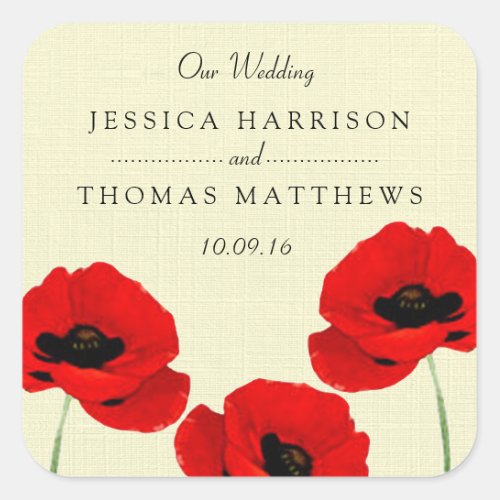 Red Watercolor Poppies Floral Wedding Collection Square Sticker