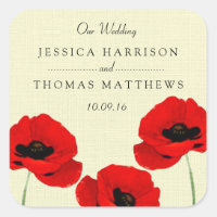 Red Watercolor Poppies Floral Wedding Collection Square Sticker