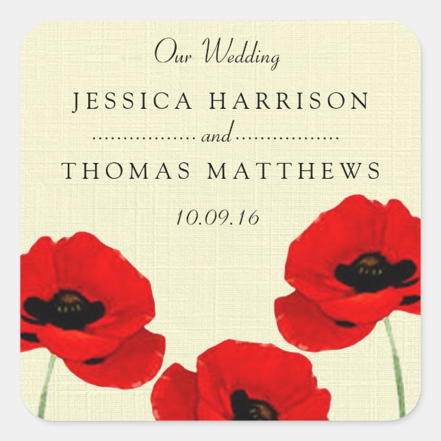 Red Watercolor Poppies Floral Wedding Collection Square Sticker (Front)