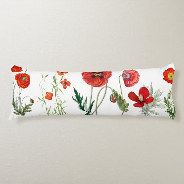 Red Watercolor Poppies Florals Body Pillow (Front)