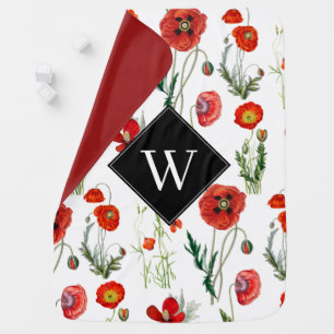 Red Watercolor Poppies Florals Monogram Baby Blanket