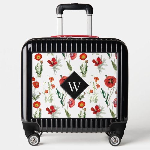 Red Watercolor Poppies Florals Monogram Luggage