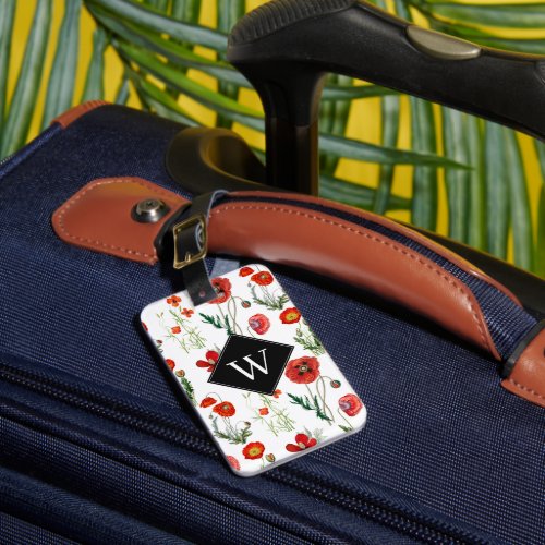 Red Watercolor Poppies Florals Monogram Luggage Tag