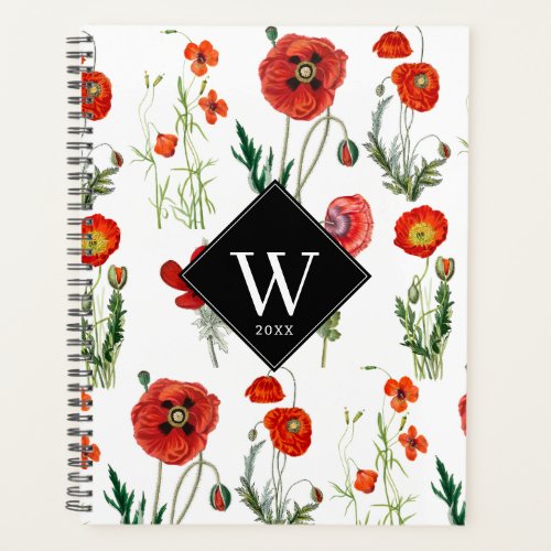 Red Watercolor Poppies Florals Monogram Planner