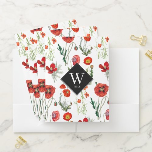 Red Watercolor Poppies Florals Monogram Pocket Folder