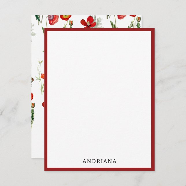 Red Watercolor Poppies Florals Note Card (Front/Back)