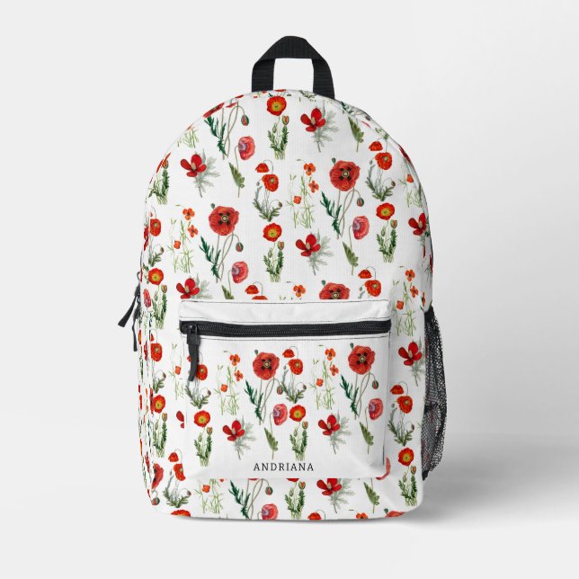Red Watercolor Poppies Florals Personalized Name Printed Backpack (Front)