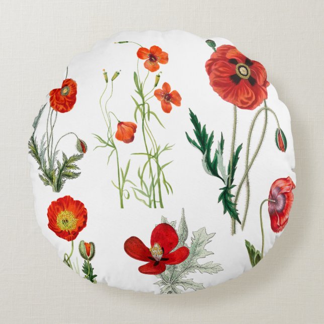 Red Watercolor Poppies Florals Round Pillow (Front)