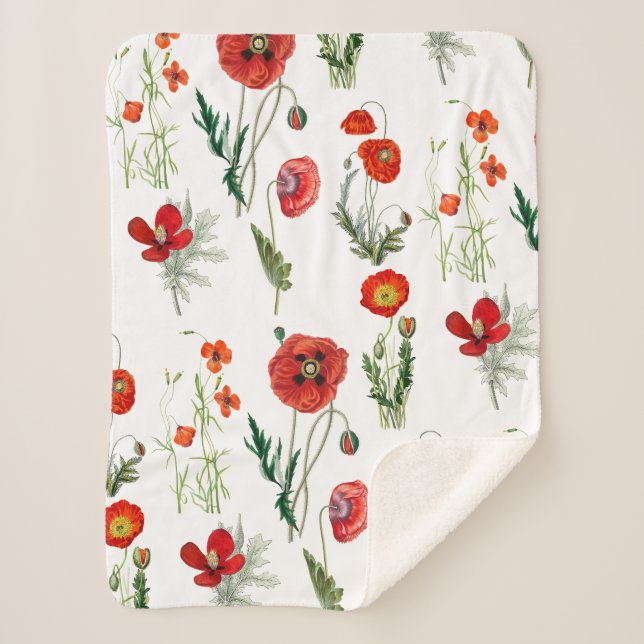 Red Watercolor Poppies Florals Sherpa Blanket (Front)