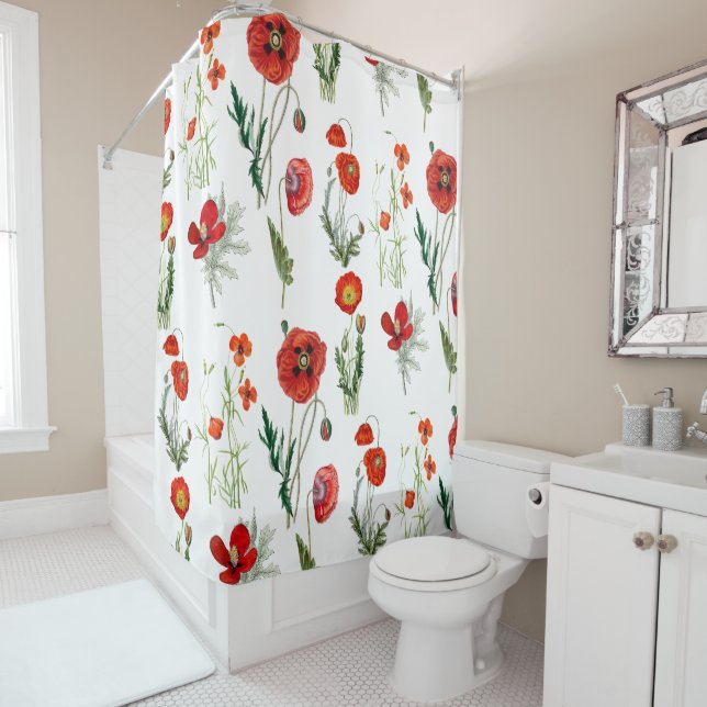 Red Watercolor Poppies Florals Shower Curtain (In Situ)