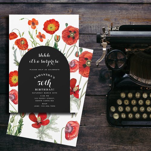 Red Watercolor Poppies Florals Surprise Birthday Invitation