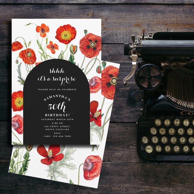 Red Watercolor Poppies Florals Surprise Birthday Invitation (Red Watercolor Poppies Florals Surprise Birthday Invitation)