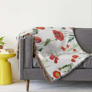 Red Watercolor Poppies Florals Throw Blanket