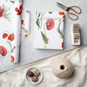 Red Watercolor Poppies Florals Wrapping Paper