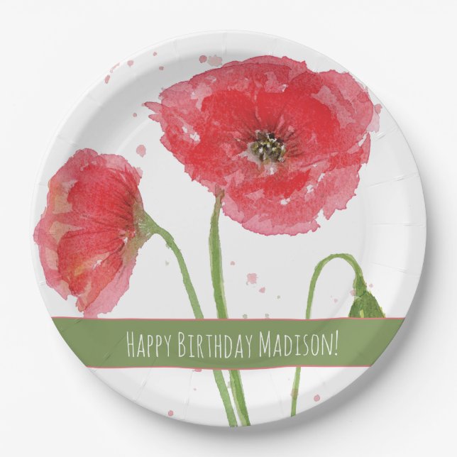 Red Watercolor Poppies Happy Birthday Paper Plates (Front)