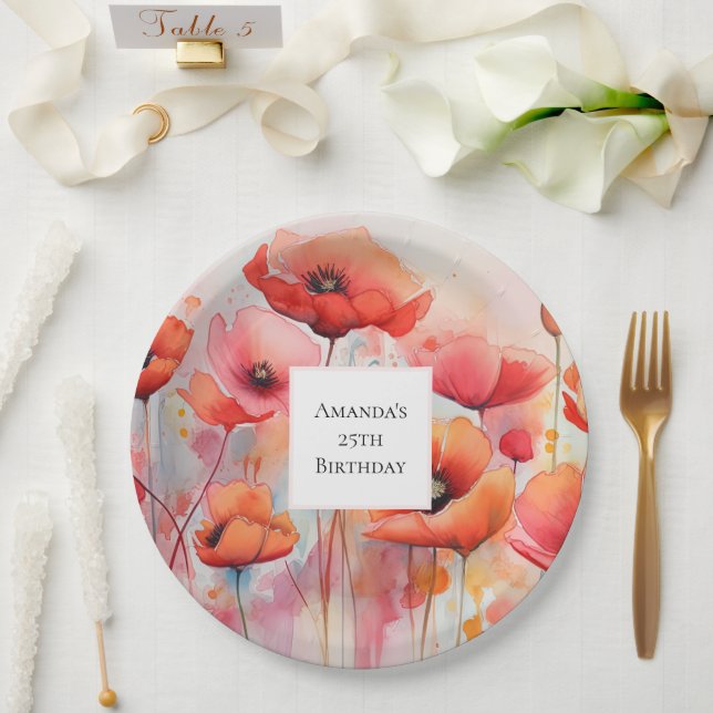 Red Watercolor Poppies in a Field Birthday Paper Plates (Wedding)