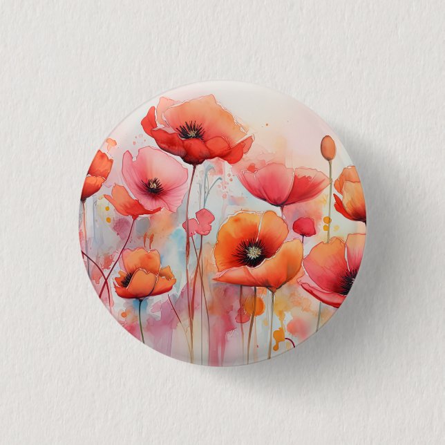 Red Watercolor Poppies in a Field Button (Front)