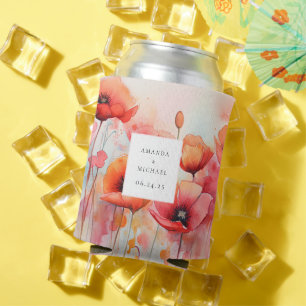 Red Watercolor Poppies in a Field Can Cooler