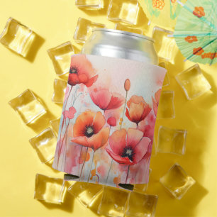 Red Watercolor Poppies in a Field Can Cooler