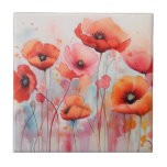 Red Watercolor Poppies in a Field Ceramic Tile<br><div class="desc">Ceramic tile with a beautiful watercolor image. A field of red flowers with lovely watercolor drips and splotches.</div>