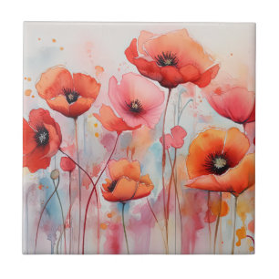 Red Watercolor Poppies in a Field Ceramic Tile