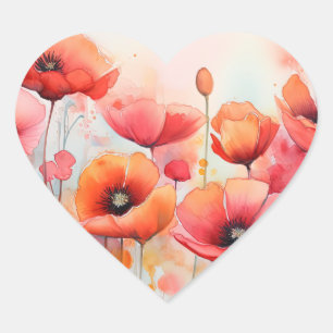 Red Watercolor Poppies in a Field Heart Sticker
