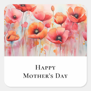 Red Watercolor Poppies in a Field Mother's Day Square Sticker