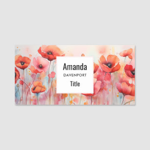 Red Watercolor Poppies in a Field Name Tag